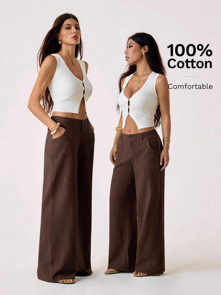 SHEIN PETITE Pantalones rectos de cintura baja de 100% algodón lavado - Café integral - Ver 7