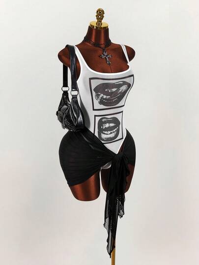 Amplova Women's Mesh Jumpsuit Set, Lip Print Sexy Revealing Wrap Two Pieces Outfit, Backless Details Suitable For Beach, Music Festival, Daily Wear