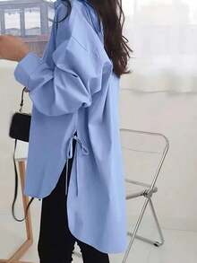 INAWLY Áo sơ mi dài tay trễ vai màu trơn cho nữ có viền buộc, áo dài tay - Màu xanh lam - Xem 5