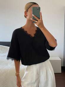 DAZY Áo thun nữ phối ren, kiểu dáng thường ngày, đa năng. - màu đen - Xem 2