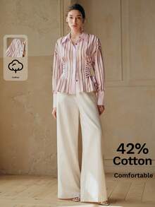 Anewsta 女士混纺棉彩色条纹优雅落肩长袖系带衬衫，侧边系带腰身设计，时尚显瘦，适合春夏、休闲、工作、上学等场合。 - 彩色 - 查看 4