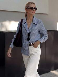 DAZY Women's Casual Striped Double-Breasted Lapel Shirt, Autumn/Winter - Blue - View 8