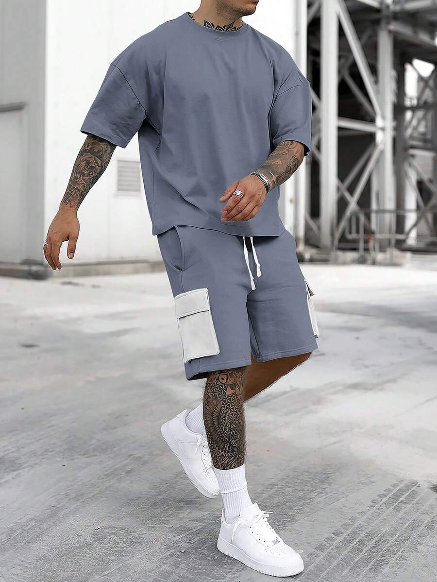Manfinity Homme Men's Solid Color Minimalist Daily Wear Short Sleeve T-Shirt And Shorts 2 Pieces Set - Multicolor - View 1