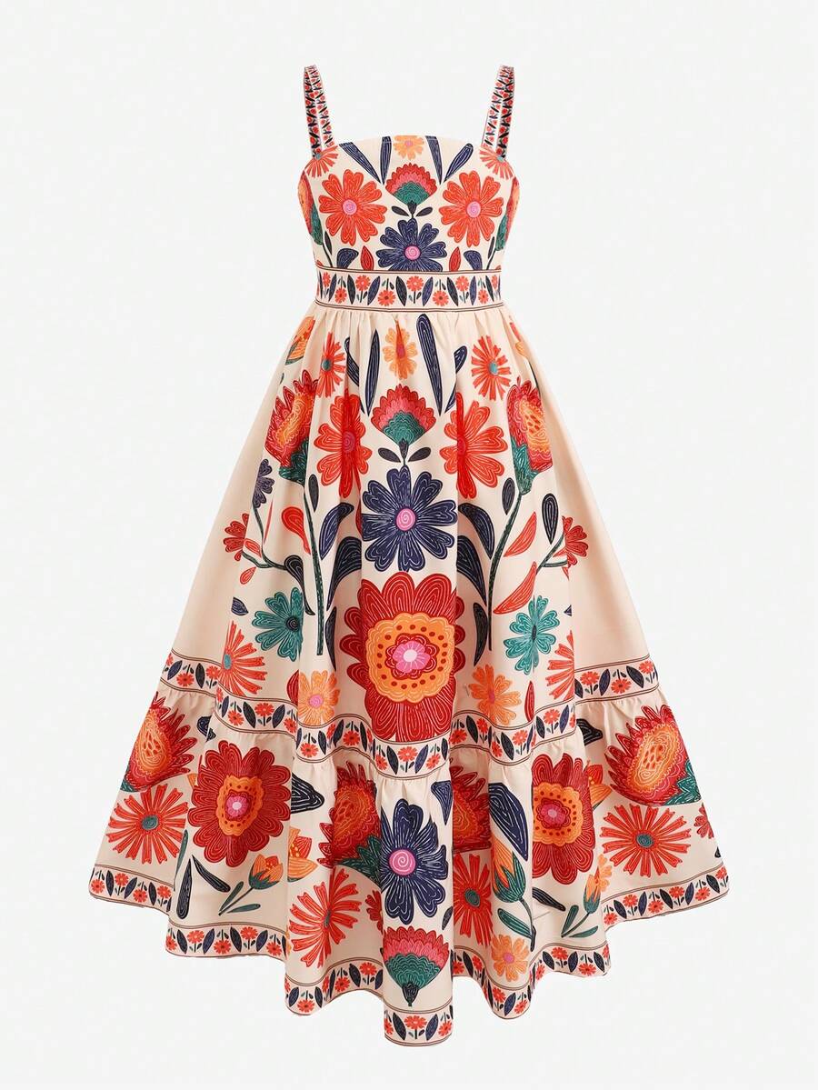SHEIN Vestido naranja de tirantes finos y corte evasé con estampado floral tropical para niña preadolescente - Naranja Quemada - Ver 1