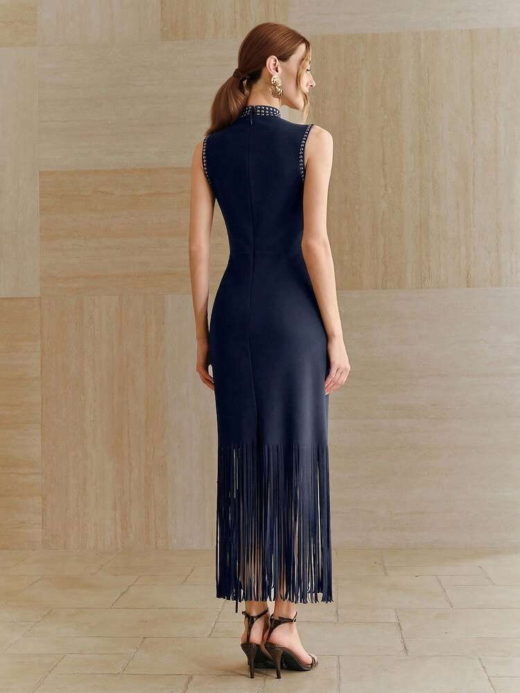 Women's Elegant Dress, Vacation Wear Dress, Minimalist Commuter Half-High Collar Sleeveless Embellished Brown Long Tassel Dress