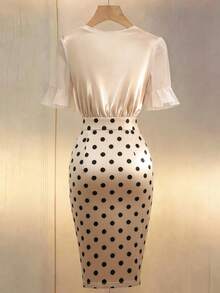 Franclia 女士新款法式领珍珠装饰香槟色缎面连衣裙，雪纺短袖波点印花修身设计，凸显女性曲线，春夏连衣裙，适合朋友聚会、伴娘礼服、婚礼季、约会、宴会等各种场合。 - 香檳色 - 查看 2