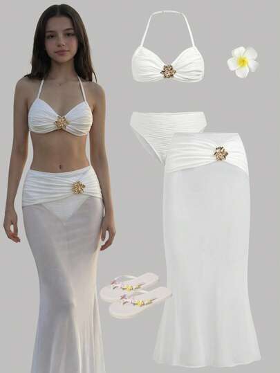 Bộ bikini 3 mảnh cho bé gái tuổi teen, thích hợp mặc đi nghỉ mát, kiểu dáng thường ngày, thời trang, cổ yếm, chất liệu vải có họa tiết, màu trắng, áo bơi cổ yếm và quần bơi, váy bơi, họa tiết hoa và cúc kim loại, bộ bikini 3 mảnh, thích hợp cho kỳ nghỉ biển.