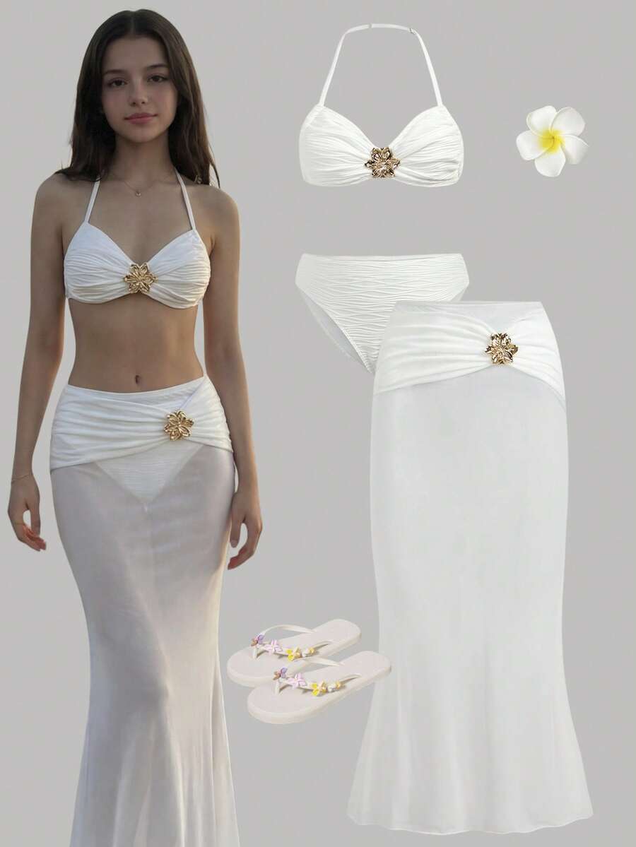 Bộ bikini 3 mảnh cho bé gái tuổi teen, thích hợp mặc đi nghỉ mát, kiểu dáng thường ngày, thời trang, cổ yếm, chất liệu vải có họa tiết, màu trắng, áo bơi cổ yếm và quần bơi, váy bơi, họa tiết hoa và cúc kim loại, bộ bikini 3 mảnh, thích hợp cho kỳ nghỉ biển. - trắng - Xem 1