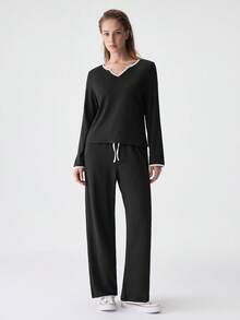 SHEIN Contrast Binding Notched Neckline Knot Front Lounge Set, Fall Winter Clothes, Cozy Outfit - Black - View 5