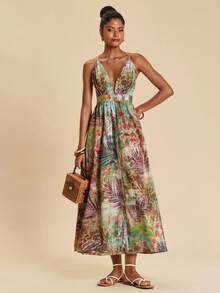 Travachic 热带植物与豹纹印花露背吊带度假连衣裙 - 綠色 - 查看 4