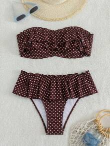 Swim Mod 女士印花抹胸比基尼套装，休闲低腰荷叶边短裙，度假泳装 - 棕色 - 查看 3