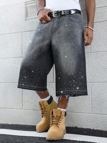 Manfinity EMRG Men's Hip Hop Street Fashion High Street Luxury Rhinestone Gradient Washed Denim Capri Shorts - Black - View 1