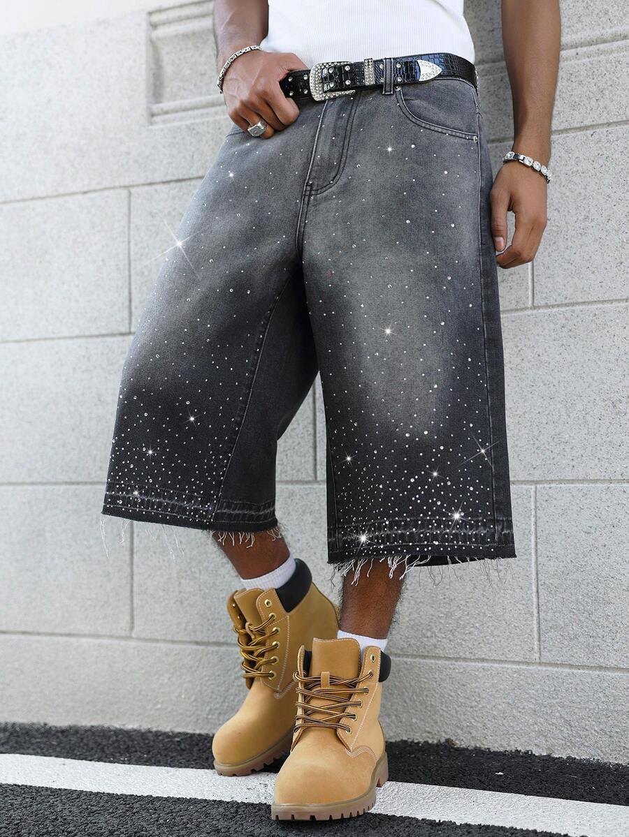 Manfinity EMRG Men's Hip Hop Street Fashion High Street Luxury Rhinestone Gradient Washed Denim Capri Shorts - Black - View 1