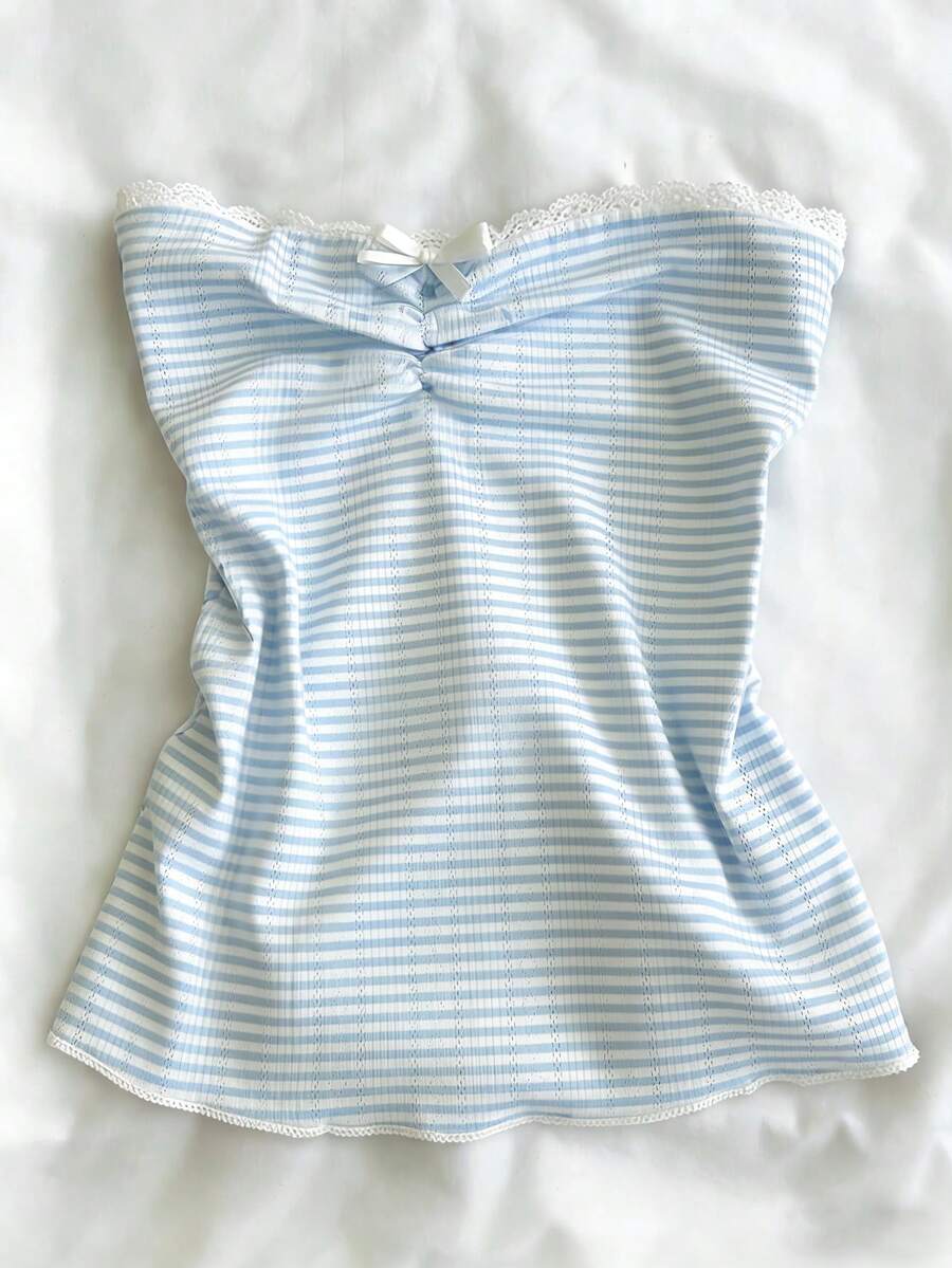 Glimmora Áo quây VCAY kẻ sọc xanh trắng viền ren, kiểu dáng quây ngực, có chi tiết nơ nhún, thích hợp cho kỳ nghỉ hè. - Nhiều màu - Xem 1