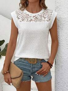 Lymera Women's Round Neck Lace Casual Versatile Daily Wear Short Sleeve T-Shirt, Spring/Summer - White - View 5