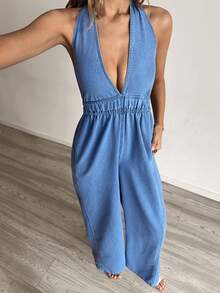 Sunnyshic 女士休闲露背吊带牛仔连体裤 - 藍色 - 查看 6