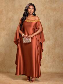 Brilight 女士中东优雅纯色蕾丝拼接装饰宽松修身长裙，适合派对、婚礼季、舞会、毕业典礼、圣诞节等场合，阿拉伯长袍传统服饰秋季连衣裙 - 棕色 - 查看 4