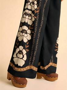 CAJUNI 两件套女士印花上衣和阔腿裤，休闲日常穿着 - 黑色 - 查看 5