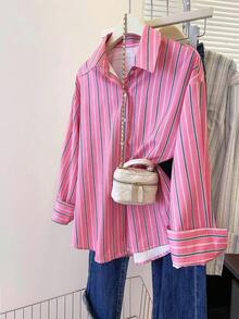 INAWLY Women's Striped Long Sleeve Single-Breasted Casual Shirt - Hot Pink - View 1