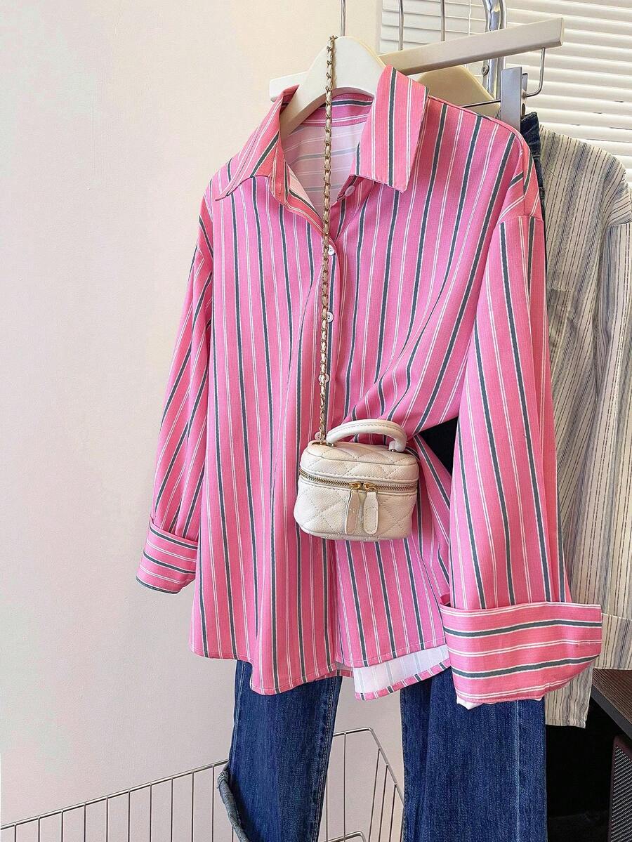 INAWLY Women's Striped Long Sleeve Single-Breasted Casual Shirt - Hot Pink - View 1