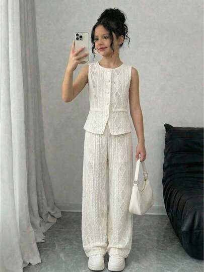 Firerie Kids Tween Girl Casual Elegant Commute Street Fashion Knit Cable Texture Jacquard Button Front Sleeveless Vest Top And Straight Leg Pants Set