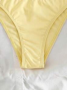 Swim Vcay Women's Summer Beach Solid Color Beaded Halter Tie Sexy Bikini And Triangle Panty Swimwear Set - Yellow - View 4