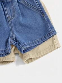 SHEIN 2pcs/Set Baby Boys' Spring & Summer Boho Casual Letter Patched Pocket Elastic Waist Soft Denim Jeans Shorts In Multiple Colors,Baby Summer Clothes Outfits - Multicolor - View 5
