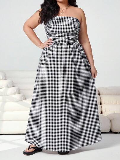 Comfortcana Plus Size Women's Casual Plaid Strapless Dress, Spring/Summer