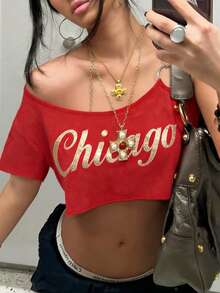 INAWLY 女士休闲箔印字母圆形戒指装饰短款上衣 - 紅色 - 查看 2