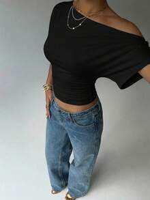 Aloruh Asymmetric Shoulder Loose Top With Cinched Waist, Minimalist Basic T-Shirt,Summer Top - Black - View 4