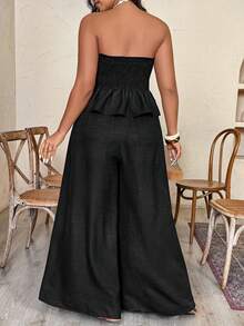 Weeklong Plus Size Women's Spring/Summer Vacation Crinkle Fabric Strapless Ruffle Hem Wide Leg Pants 2 Pieces Set - Black - View 2