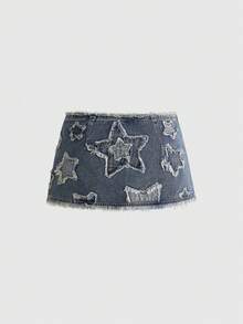 ROMWE 性感Y2K坏女孩做旧水洗蓝色星星刺绣毛边超低腰迷你牛仔裙 - 藍色 - 查看 2