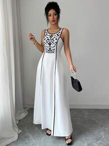 Elenzga Elegant Women's Black & White Placement Print Long Loose Casual Dress, Suitable For Beach, Daily Outing, Dating, Dining, Middle Eastern Style - White - View 3