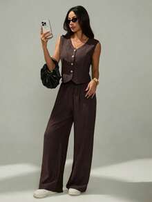 SHEIN PETITE Women's Summer Casual Solid Color Vest & Pants 2 Pieces Set - Coffee Brown - View 5