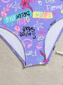 Tween Girls Minimalist Printed Sleeveless One-Piece Swimsuit - Purple - View 3