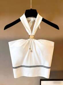 Franclia Women's White Backless Halter Top With Black And White Piping,Elegant Sexy Summer Vacation Outfits For Beach Golf,Party,Business Office And Casual - White - View 7