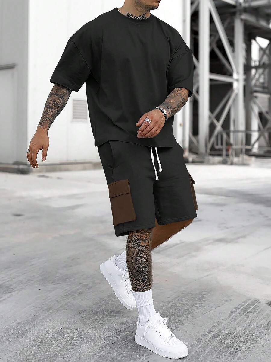 2pcs Men's Short Sleeve T-Shirt And Cargo Shorts Set - Multicolor - View 1