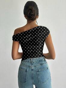 Firerie Áo croptop nữ thanh lịch, bất đối xứng, xếp ly, kiểu dáng vintage chấm bi, thích hợp cho kỳ nghỉ, dạo phố, đi làm. - màu đen - Xem 4