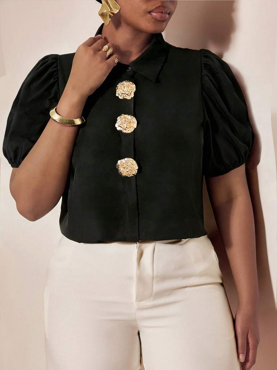 Juhart Plus Size Women Black And Gold Metal Button Short Petal Sleeve Blouse,Elegant Summer Designer Top For Dinner,Work,Party,Classy Button Up Shirts - Black - View 1