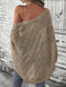 SHEIN LUNE Cardigan Kasual Longgar Lengan Kelelawar Berongga Warna Polos untuk Wanita - Khaki - View 2