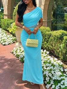 Slaydiva Nuevo vestido largo de gasa azul cielo, estilo bohemio y nómada, para primavera temprana, primavera y verano, festivales de música, San Valentín, Pascua, casual, sencillo y básico, fiesta de crucero, fiesta de cumpleaños, cita diaria, vacaciones casuales, elegante para ir al trabajo, hombros descubiertos, un solo hombro, hombros descubiertos, vestido largo estilizador, vestido de mujer extra largo - Azul menta - Ver 11