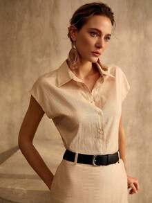 MOTF PREMIUM WOMEN'S STRIPED CASUAL SHIRT WITH WAIST BELT AND A-LINE SKIRT 2 PIECES SET, SPRING/SUMMER - Khaki - View 2