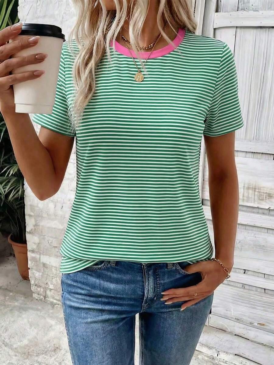 Selamara New Arrival Women's Fashion Casual Green Striped Print Contrast Pink Collar Round Neck T-Shirt - Multicolor - View 1