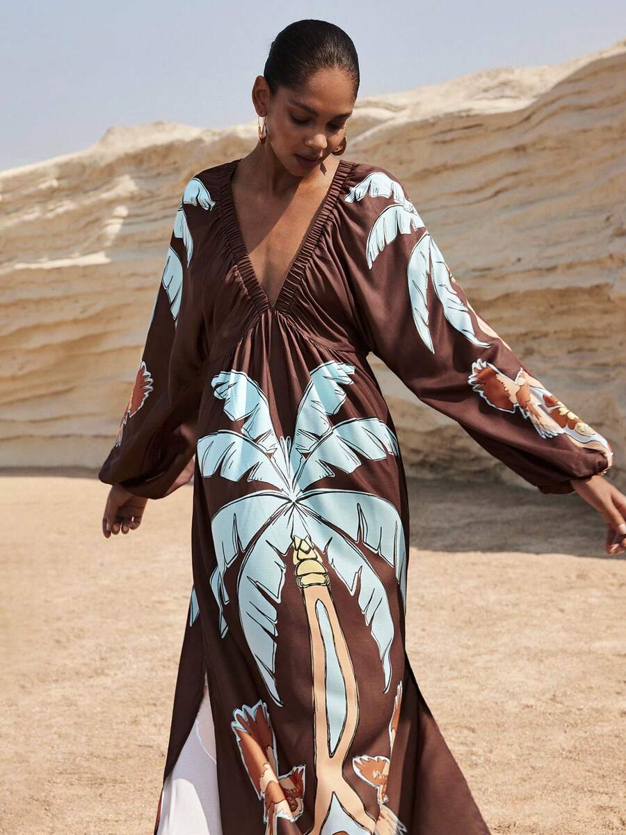 Maija 女士热带植物印花长袖连衣裙，度假风 - 彩色 - 查看 1