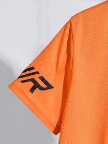 SHEIN 2pcs Tween Boy Splice Sports Textured Vertical Stripe Pattern Short Sleeve T-Shirt And Shorts Set - Orange - View 7