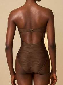 SHEIN Swim Chicsea Áo liền thân nữ chất liệu đặc biệt, vải dệt họa tiết, tinh tế, thanh lịch, bất đối xứng, phụ kiện kim loại, họa tiết sọc lượn sóng. - Cà phê nâu - Xem 3