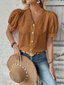 Breezaya Áo kiểu nữ tay cánh hoa phối ren màu trơn tương phản - màu nâu - Xem 5