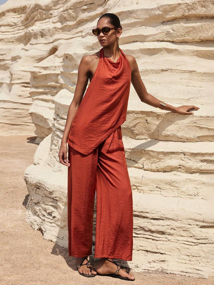 SHEIN Maija Women's Solid Color Asymmetric Hem Draped Neck Top And Wide Leg Pants 2 Pieces Set,Work Outfits For Women