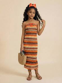 Travachic KIDS Đầm hai dây dệt kim kẻ sọc thanh lịch dành cho bé gái tuổi teen, kiểu dáng đi nghỉ mát. - Nhiều màu - Xem 5