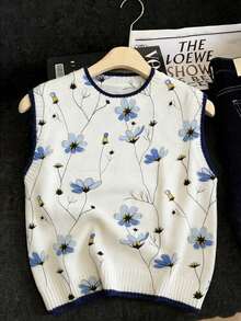 EMERY ROSE 2026 Plus Size Women's Spring New Arrivals: Fashionable Minimalist Casual Versatile Gray & Blue Color-Blocked Trim Print Crew Neck Sweater Vest Perfect For Spring Outfits - Apricot - View 6